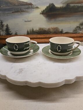 Vintage Green/Cream Colonial Homestead Cups And Saucers